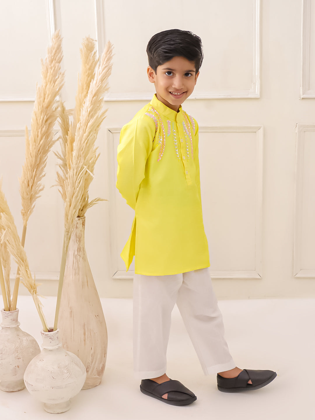 YELLOW EMBROIDERED SILK KURTA SET