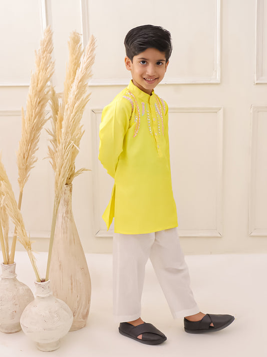 YELLOW EMBROIDERED SILK KURTA SET