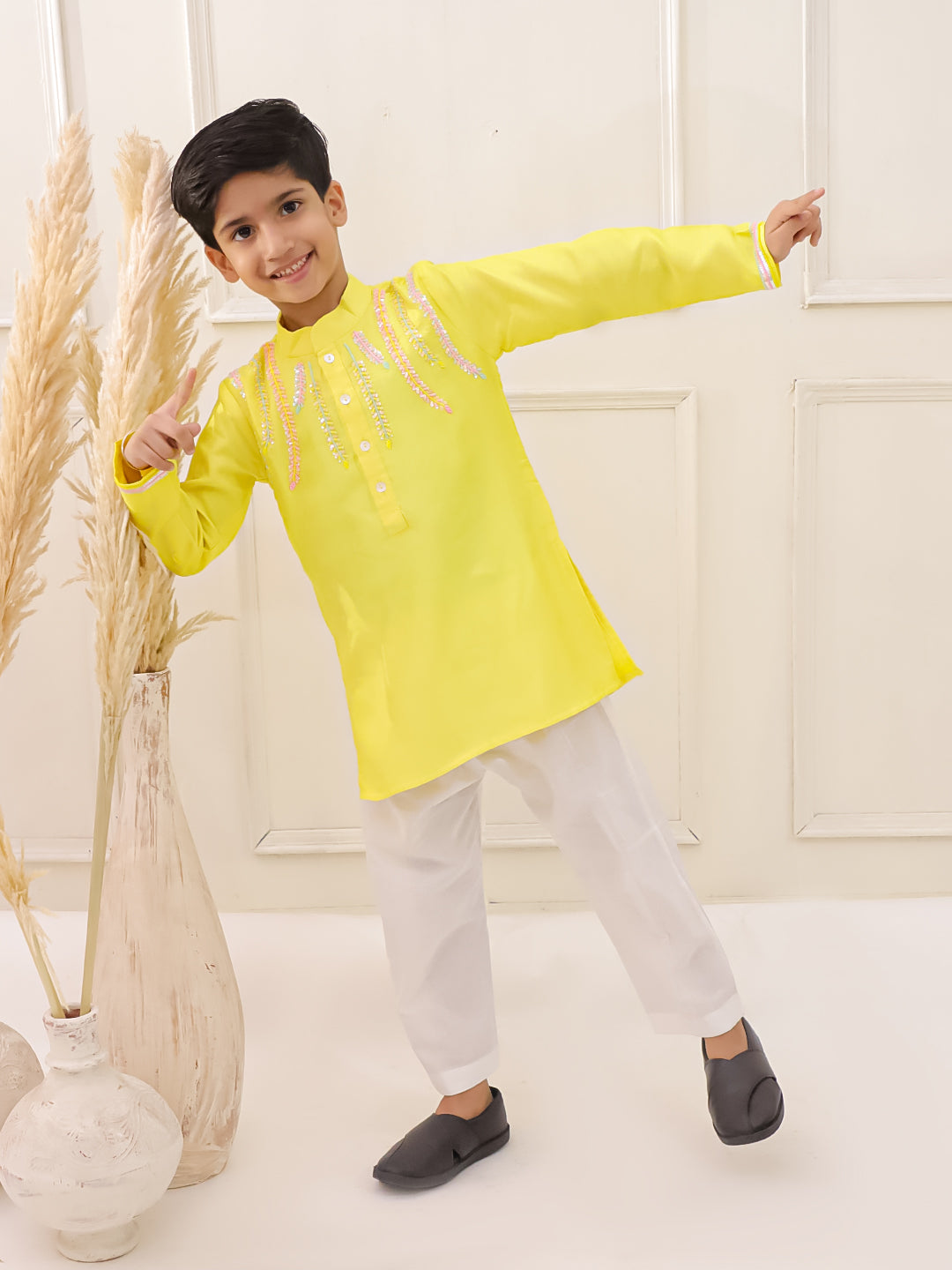 YELLOW EMBROIDERED SILK KURTA SET