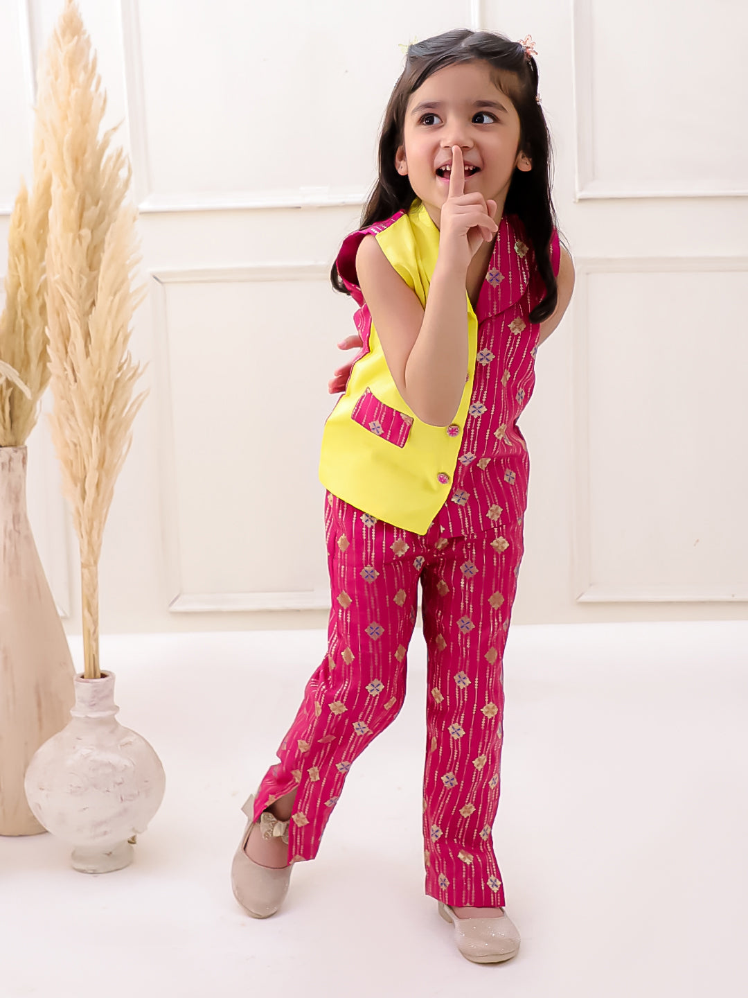 YELLOW PINK SILK VEST COAT SET