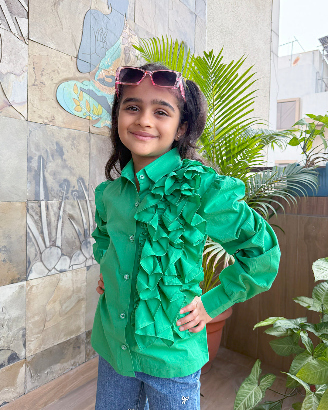 GREEN RUFFLE DETAIL SHIRT
