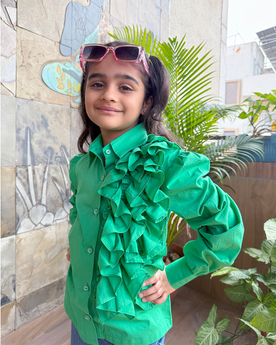 GREEN RUFFLE DETAIL SHIRT