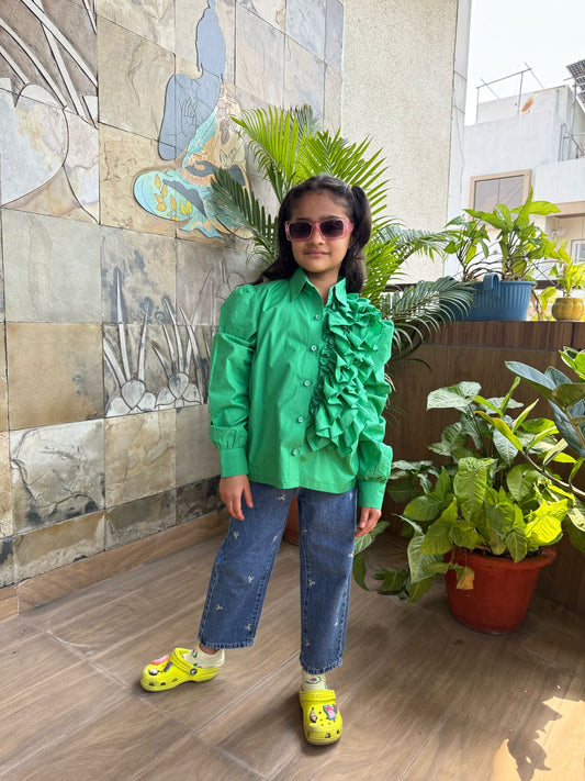 GREEN RUFFLE DETAIL SHIRT